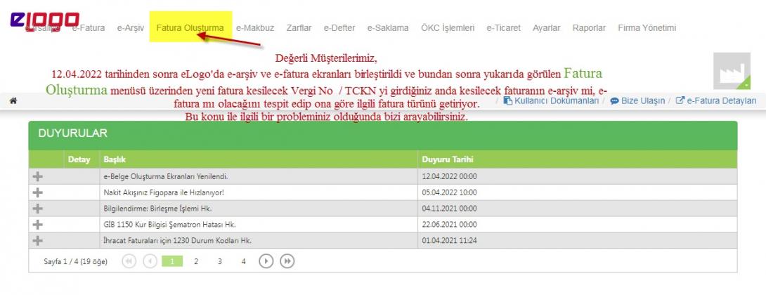 eLogo e-fatura e-arşiv ekranlarının birleştirilmesi - Ozan Bilgisayar Ticari Yazılım Danışmanlık Diyarbakır Logo Bayisi